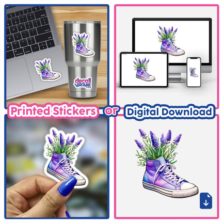 Lavender Bouquet in High-Top Sneakers sticker on a laptop, featuring a detailed design of purple shoes filled with vibrant flowers.