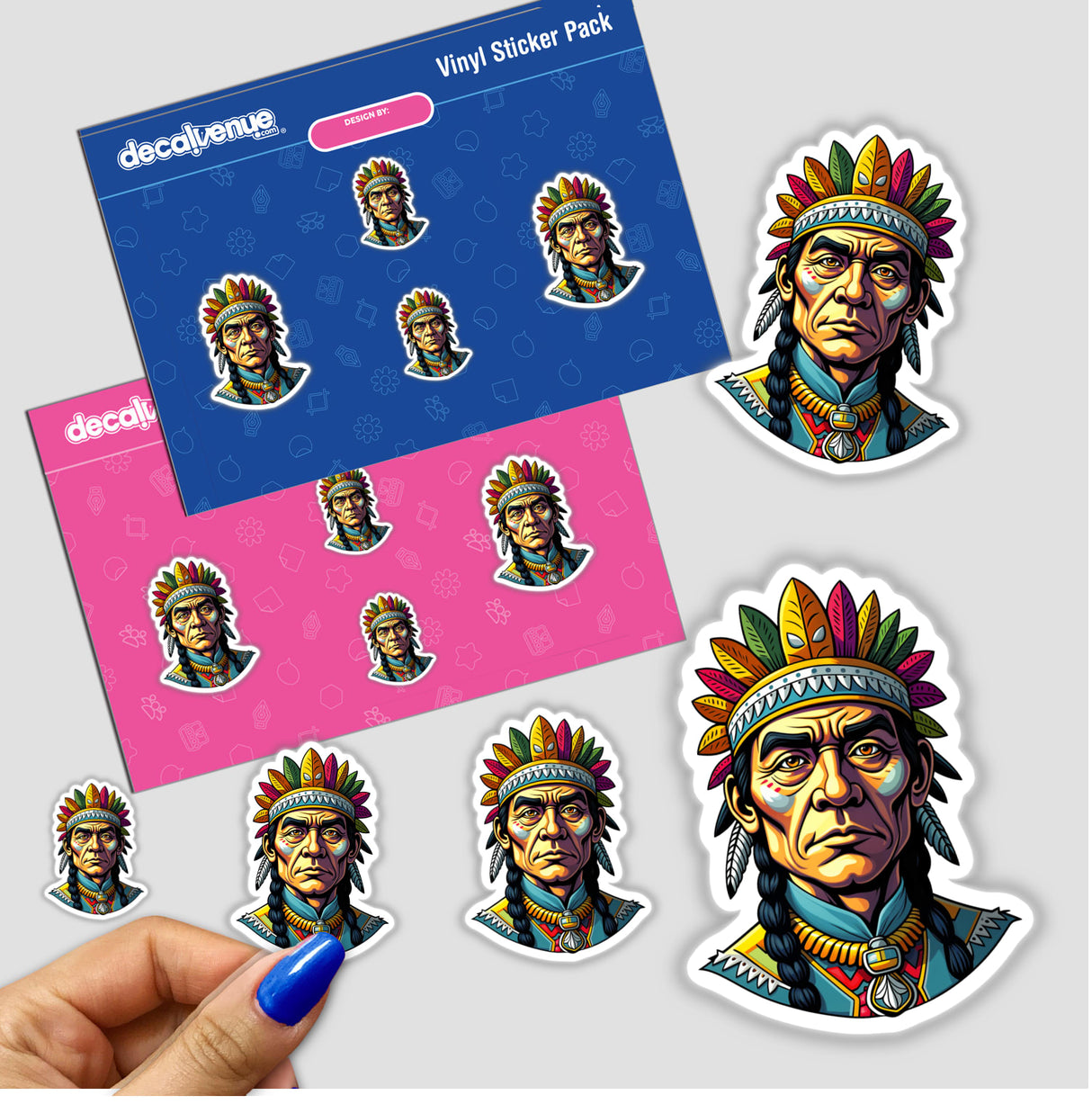 Sticker featuring a cartoon of a Native American Warrior Chief in a headdress, available as a vinyl sticker or digital artwork from Decal Venue.