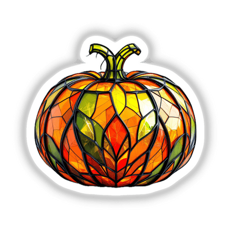 Pumpkin Stained Glass Style artwork featuring intricate stained glass design, available as stickers or digital artwork.