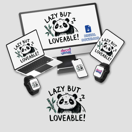 Computer monitor and laptop featuring the Panda Lazy But Lovable logo, along with a mouse, smartwatch, and phone, all showcasing cartoon pandas. Available as stickers or digital artwork.