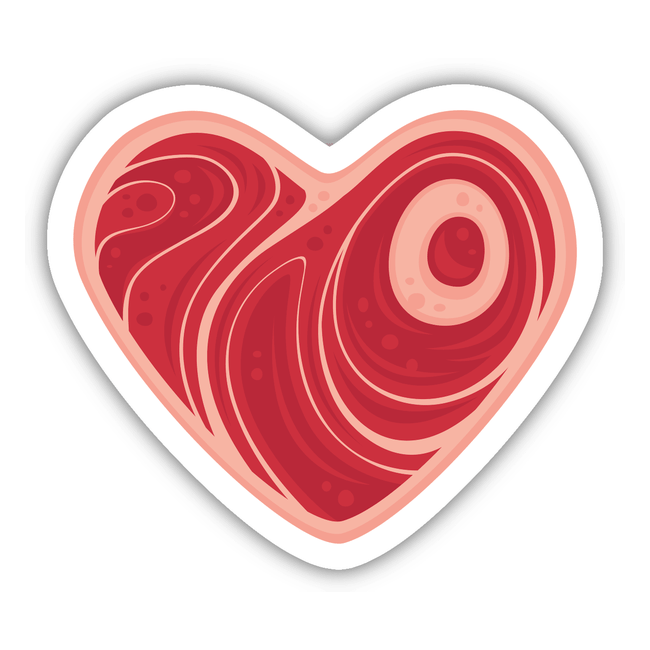 Heart-shaped 'Meat Heart' sticker, featuring intricate swirly patterns. Available as a single sticker or in a pack from Decal Venue, known for unique stickers and digital art.