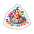 Sandy Dreams: Cute Sandcastle Watercolor featuring a whimsical cartoon castle on an island, available as stickers or digital artwork.