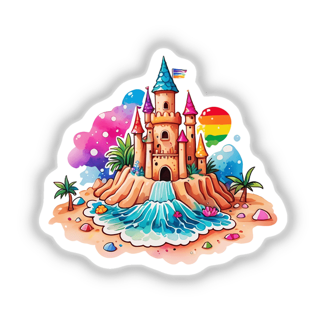 Sandy Dreams: Cute Sandcastle Watercolor featuring a whimsical cartoon castle on an island, available as stickers or digital artwork.