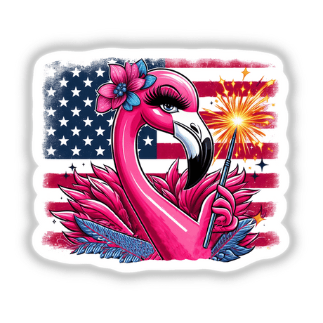 Patriotic pink flamingo with flower, sparkler, and American flag background