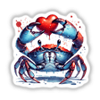 Watercolor Blue Crab Holding Heart depicted in a whimsical cartoon style, available as stickers or digital artwork, showcasing unique charm from Decal Venue's collection of distinctive stickers and art pieces.