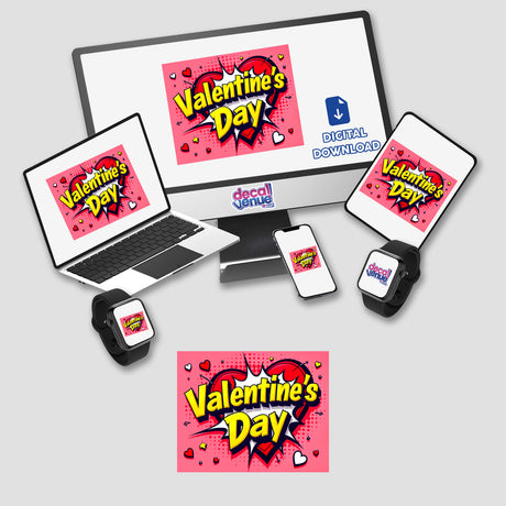 Valentine's Day Love Heart digital artwork displayed on a laptop and monitor, featuring a heart design with text. Available as stickers or digital art from Decal Venue.