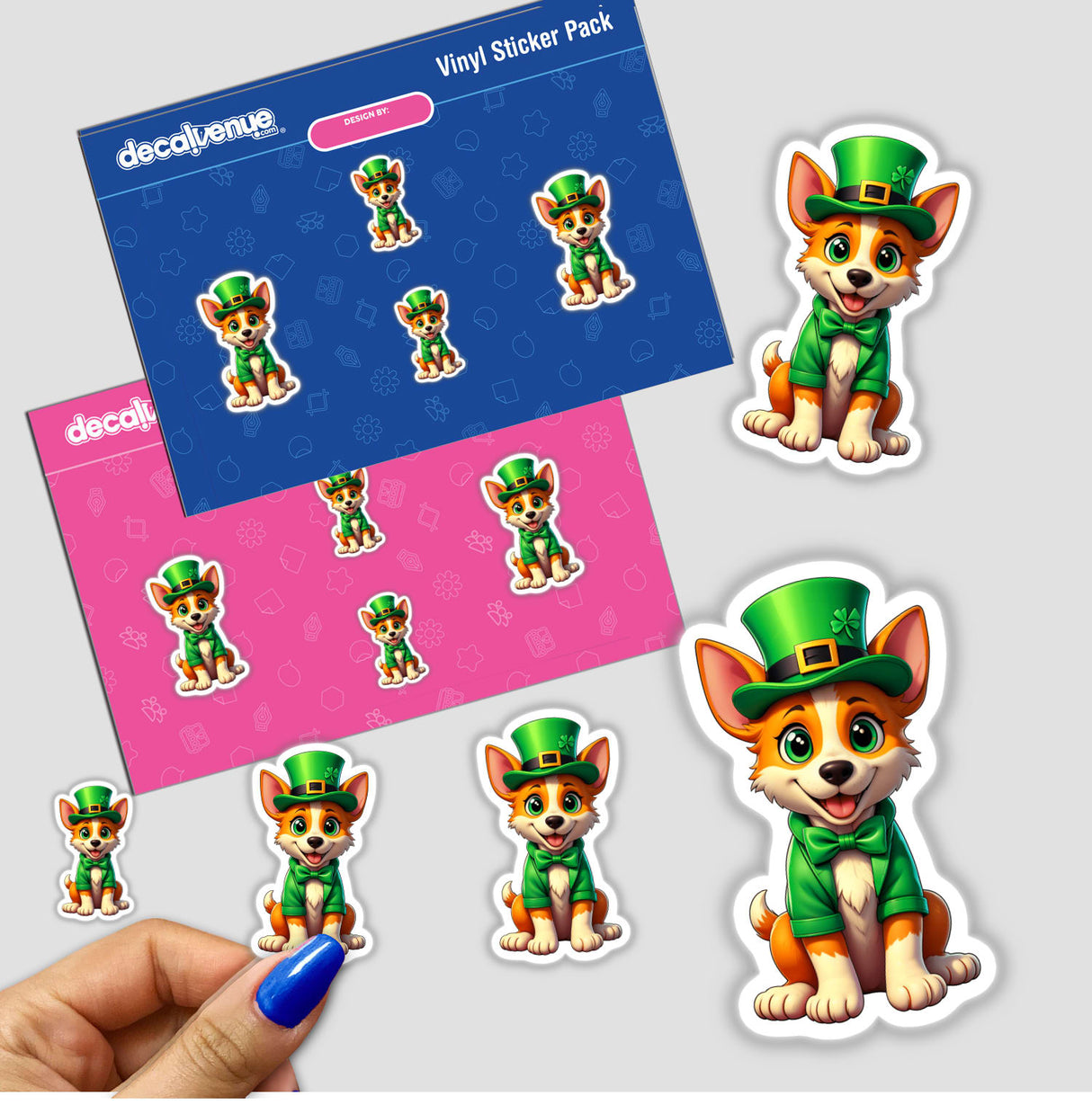 St. Patrick's Day Puppy stickers featuring cartoon dogs in green hats and bow ties. Ideal for celebrating with unique, charming designs from Decal Venue, available as stickers or digital artwork.