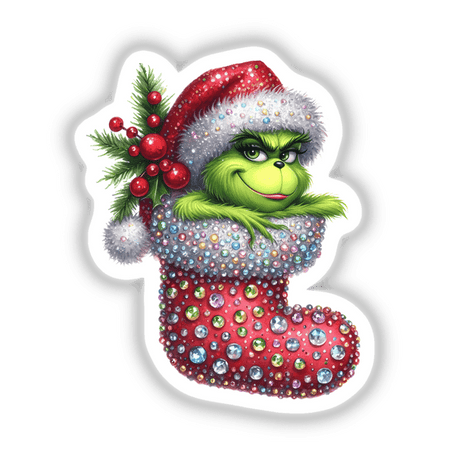 Peeking Santa Green Grouch Jeweled Christmas Stocking featuring a cartoon green creature in a Santa hat nestled in a red boot adorned with colorful crystals, available as stickers or digital artwork.