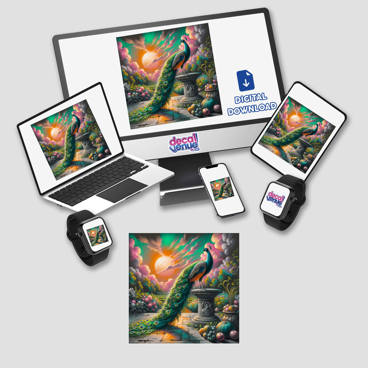 Peacock on a Stone Pedestal in a Vibrant Garden displayed on a computer monitor and laptop, available as stickers or digital artwork from Decal Venue.