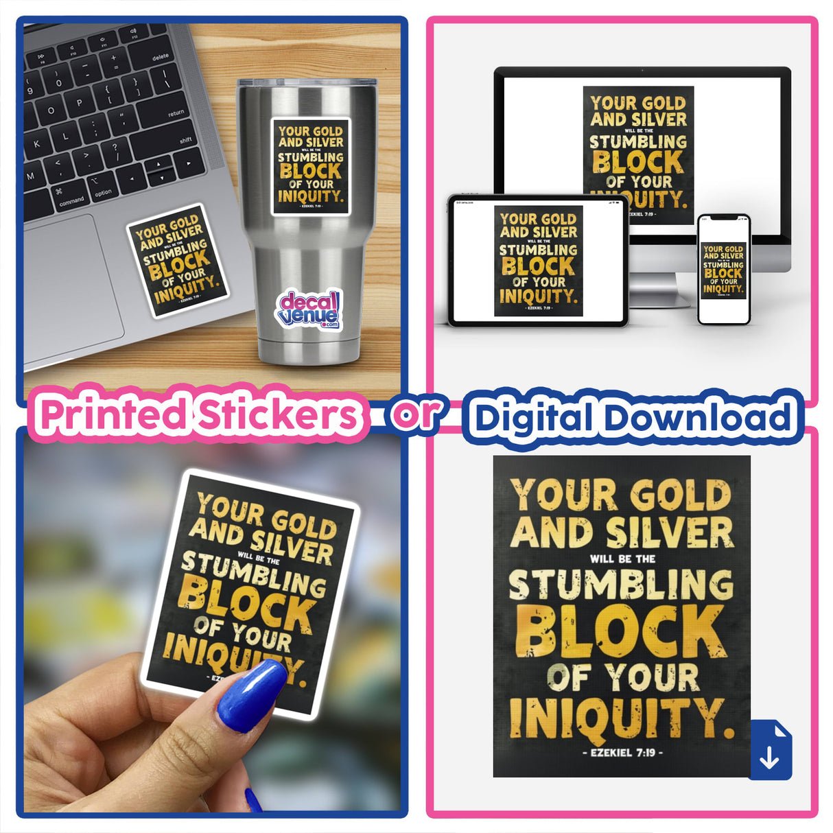 Ezekiel 7:19 Bible Verse | Your Gold and Silver Will Be the Stumbling Block of Your Iniquity | Christian Sticker or Clipart with Commercial Rights by Designing Mench Decal Venue