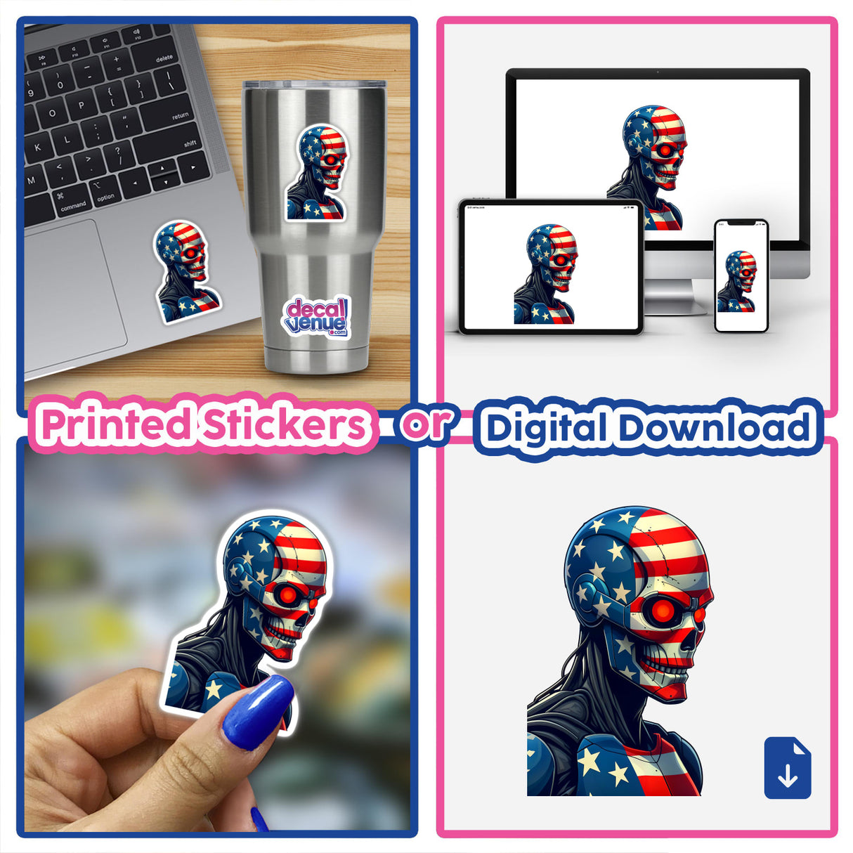 Collage featuring “A Cool American Flag Army Cyborg” available as stickers and digital artwork, highlighting a cartoon skeleton with a flag motif and stickers on various surfaces.