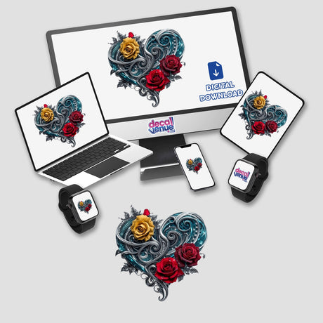 Heart With Silver Swirls, Red And Yellow Roses, and Blue Glitter Accents displayed on a computer monitor and laptop, showcasing the design's application as stickers or digital artwork.