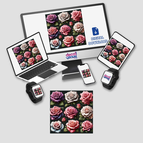 Beautiful Lush Roses displayed on a computer monitor and laptop screens, showcasing intricate digital artwork available as stickers or digital art from Decal Venue.