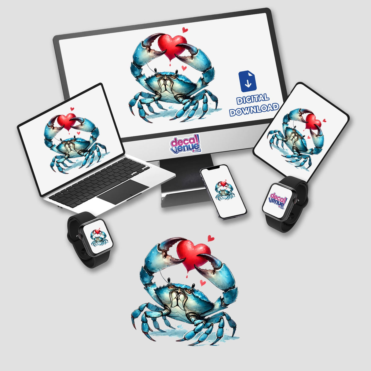 Watercolor Blue Crab Holding Heart II displayed on a monitor and laptop, highlighting its vibrant design. Available as stickers or digital artwork from Decal Venue's unique collection.