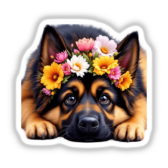 Majestic German Shepherd with a Vibrant Flower Crown