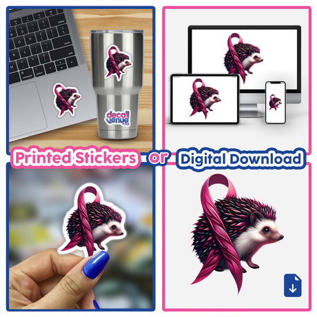 Hedgehog Pink Ribbon Breast Cancer stickers and digital artwork collage featuring laptop, cup, and close-up views, highlighting the unique design available at Decal Venue.