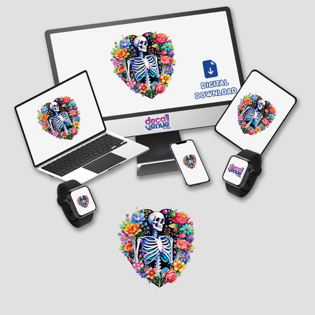 Floral Skeleton Heart artwork displayed on a computer monitor and laptop, featuring a skeleton surrounded by flowers. Available as stickers or digital artwork from Decal Venue.