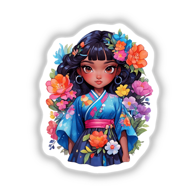 Cartoon girl with flowers in her hair, wearing a blue kimono. Available as stickers or digital artwork.