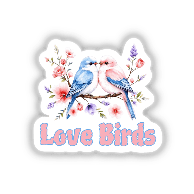 Love Birds sticker or digital art featuring two whimsical birds perched on a branch, showcasing a charming illustration ideal for enhancing spaces or digital collections.