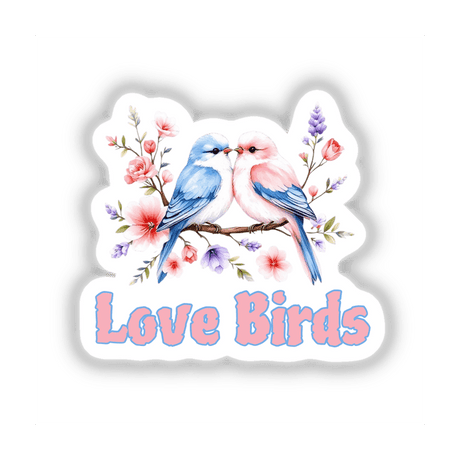 Love Birds sticker or digital art featuring two whimsical birds perched on a branch, showcasing a charming illustration ideal for enhancing spaces or digital collections.