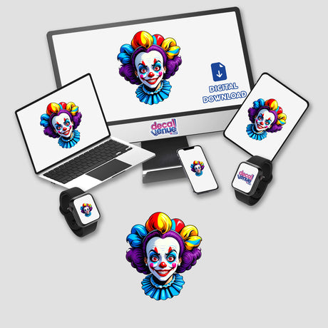 A Crazy Clown Girl design displayed on a computer monitor and laptop, showcasing colorful clown faces, available as stickers or digital artwork from Decal Venue.