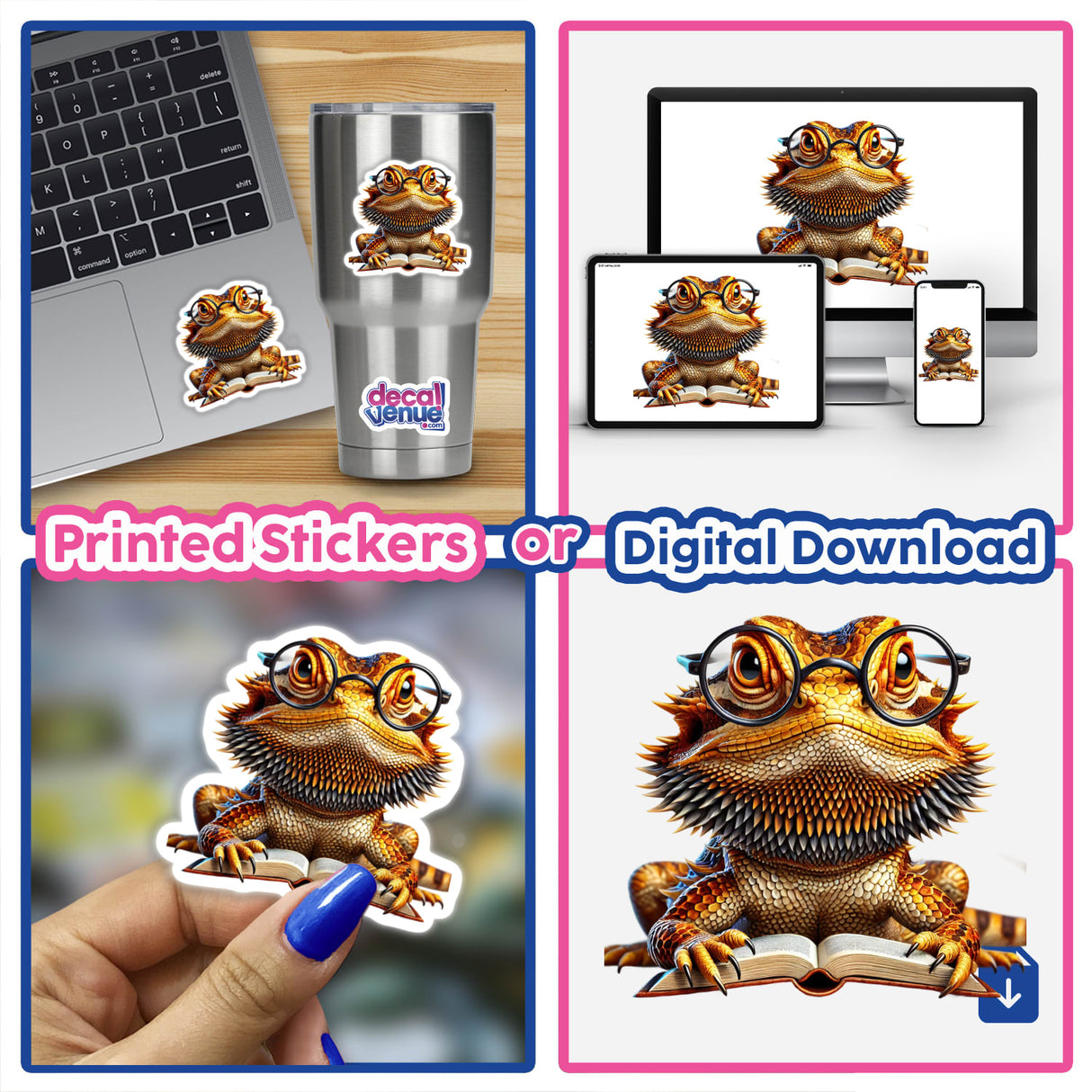 Bearded Dragon With Reading Glasses Open Book sticker displayed on a laptop, highlighting its playful cartoon design, available as a sticker or digital artwork from Decal Venue.