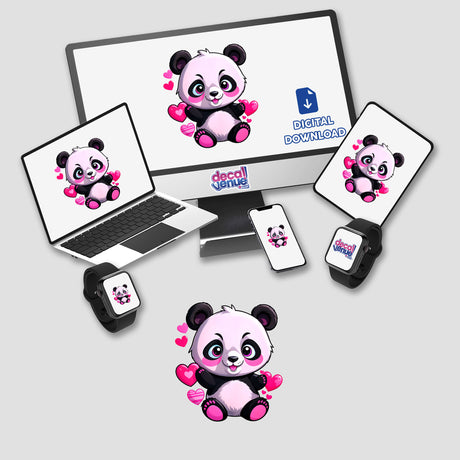 Cute Panda Bear with Love Hearts on a monitor, laptop, and devices as stickers or digital art, showcasing Decal Venue's unique collection of charming cartoon-style designs.