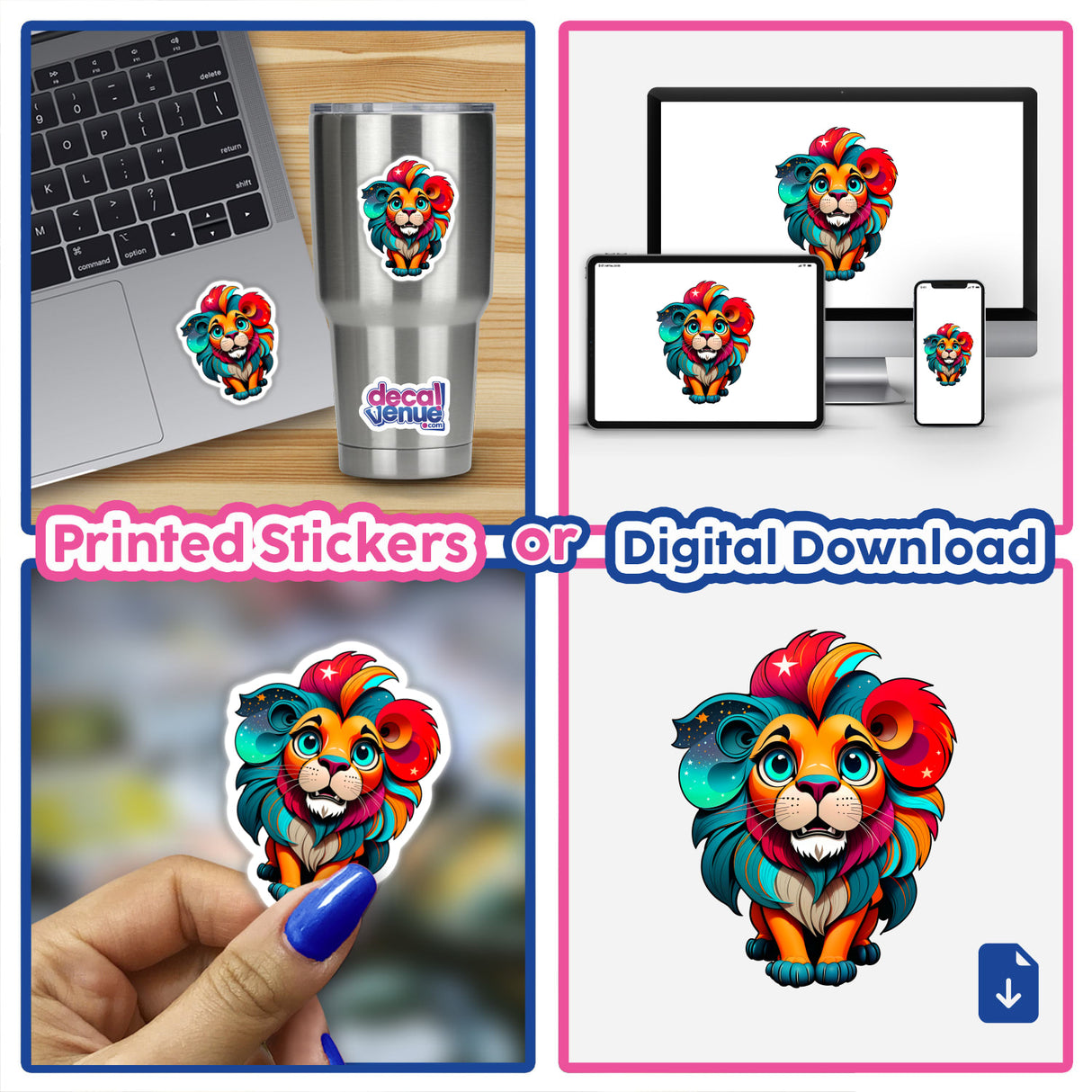 A Cute Little Lion sticker collage, featuring cartoon lions on various items like laptops and cups, available as unique stickers or digital artwork from Decal Venue.