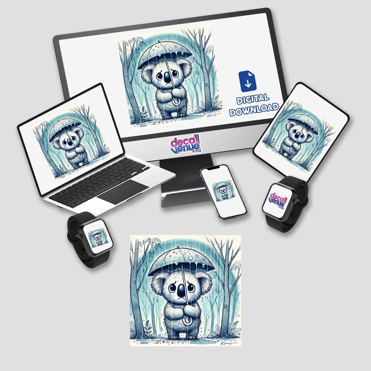 Grumpy Koala in the Rain: Illustration of a koala holding an umbrella displayed on a computer monitor and laptop, available as stickers or digital artwork.