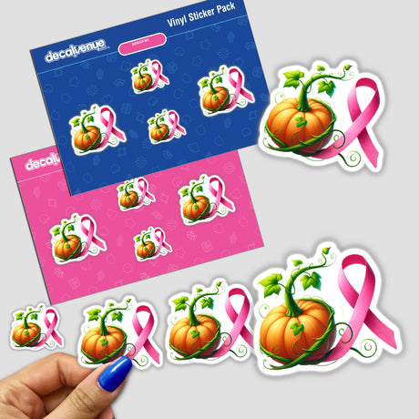 Pumpkin Pink Ribbon Breast Cancer sticker pack featuring pumpkins with pink ribbons and green vines, available as stickers or digital artwork.