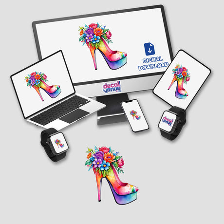 Floral Splash High Heels digital artwork displayed on multiple devices, including a computer monitor, laptop, tablet, phone, and smartwatch. Available as stickers or digital artwork.