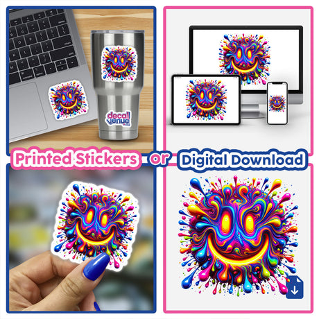 Psychedelic Melting Smile sticker collage, showcasing vibrant colorful drip paint designs. Featured on various surfaces like laptops and phones, emphasizing its versatile use as stickers or digital artwork.