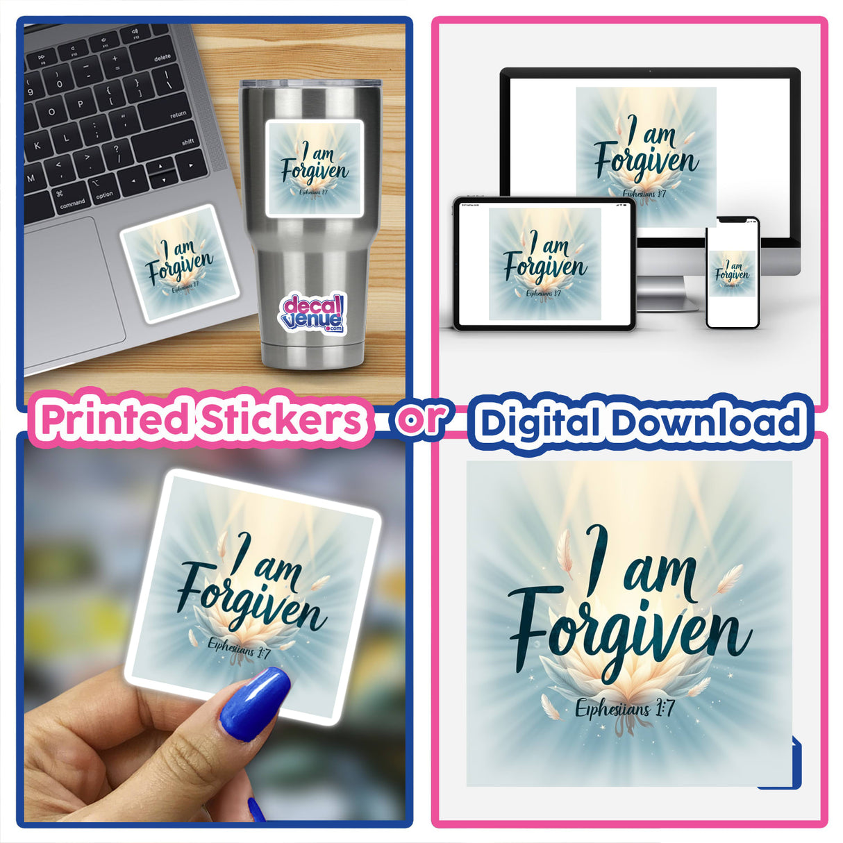 Collage featuring the I Am Forgiven - Ephesians 1:7 Christian faith-based sticker or clipart, showcasing its design elements for use as a sticker or digital artwork.