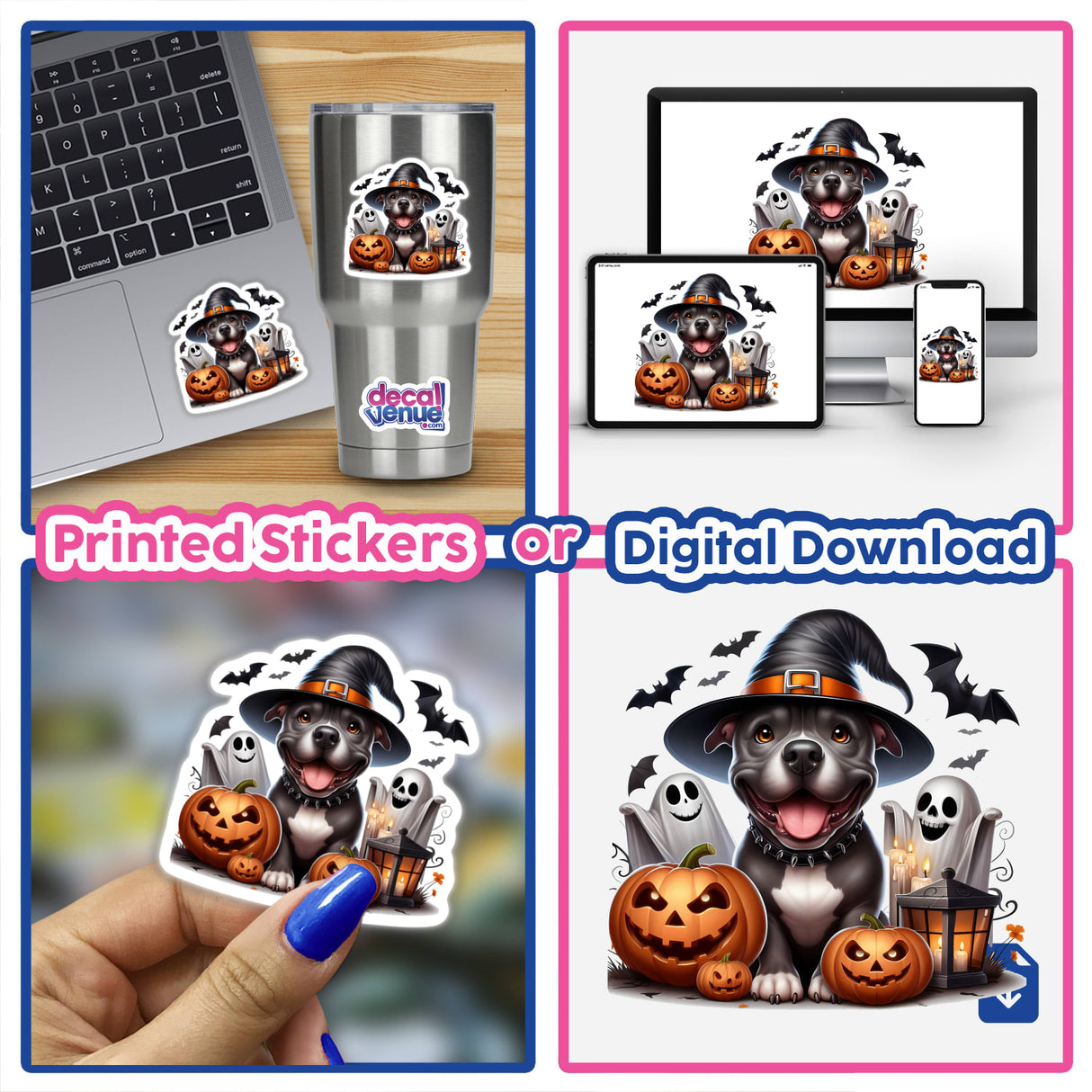 Spooky Halloween Pitbull Witch Dog with Friendly Ghosts - Unique digital artwork and stickers from Decal Venue for expressing your style.