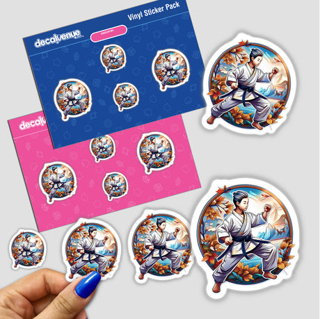 Colorful karate-themed digital artwork stickers displayed in the image. The stickers feature characters engaged in karate poses and movements, with vibrant backgrounds. The sticker pack is presented in the context of the Decal Venue online store, which specializes in unique digital art and stickers created by talented designers.