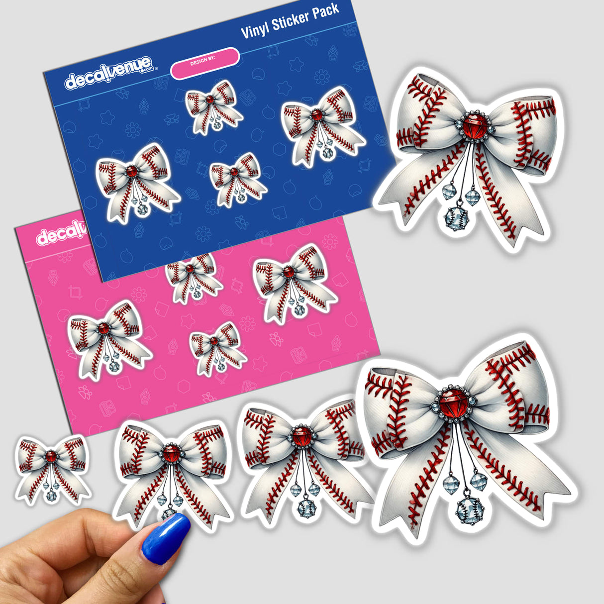 Coquette Baseball Bow with Gems: A detailed sticker featuring a baseball-themed bow adorned with sparkling gems, showcasing playful elegance and sports enthusiasm. Perfect for any style-conscious sports fan.