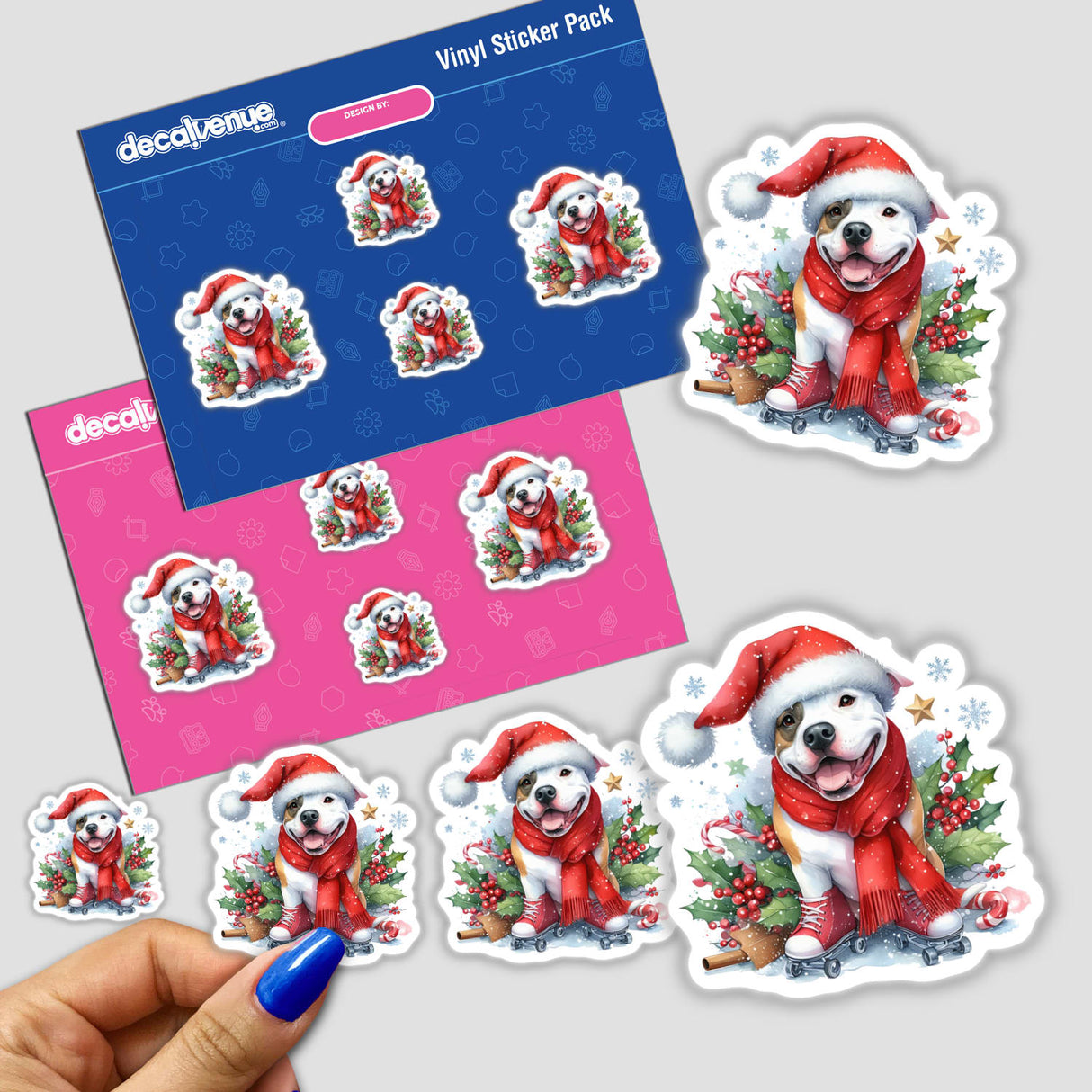 Christmas Scene Santa Pitbull Dog sticker pack featuring cartoon pitbulls wearing Santa hats and scarves, available as stickers or digital artwork.