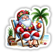 Hula Santa Relaxing at Beach w/ Drink: A whimsical cartoon of Santa lounging on a beach chair, holding a drink, available as unique stickers or digital artwork from Decal Venue.