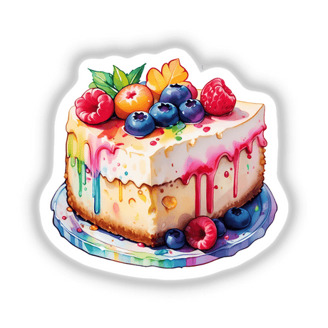 Rainbow Cheesecake Delight: A decadent slice of cheesecake topped with an assortment of fresh fruits, perfect as stickers or digital artwork.