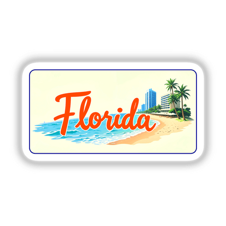 Florida Miami Beach USA sticker or digital artwork featuring a graphic design of palm trees and buildings along a beach, capturing the essence of Miami's coastal vibe.