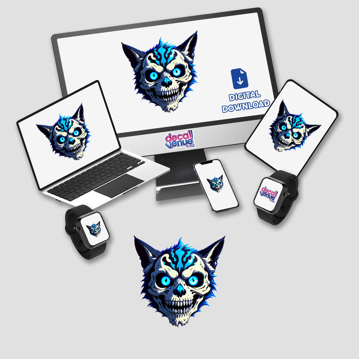 A Cool Undead Cat Skull displayed on a monitor and laptop, showcasing unique digital artwork. Ideal for stickers or digital use, embodying Decal Venue's distinctive art style.