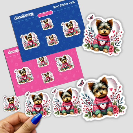 Springtime Yorkie Dog with Heart Sweater sticker pack featuring adorable cartoon dogs in heart-patterned sweaters. Perfect as vinyl stickers or digital artwork from Decal Venue.