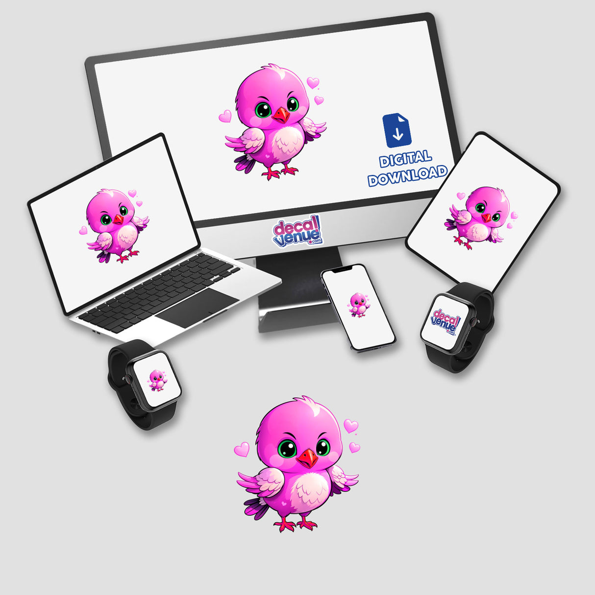 A Cute Little Bird With Love Hearts displayed on a computer monitor and laptop screen, available as stickers or digital artwork, capturing the whimsical essence of Decal Venue's unique offerings.