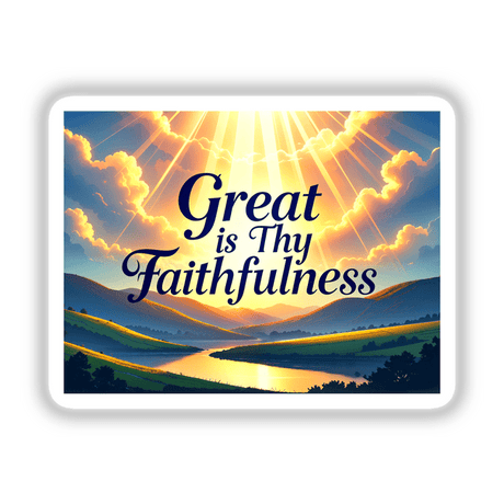 Great Is Thy Faithfulness Christian Quote design featuring sun rays through clouds and a river valley. Available as stickers or digital artwork, reflecting a serene and inspirational landscape theme.