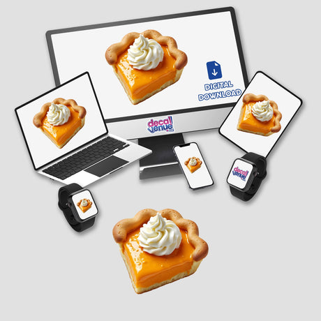 Pumpkin Pie Shaped Cookie with Whipped Cream Dollop displayed on a laptop and computer monitor. Available as stickers or digital artwork from Decal Venue.