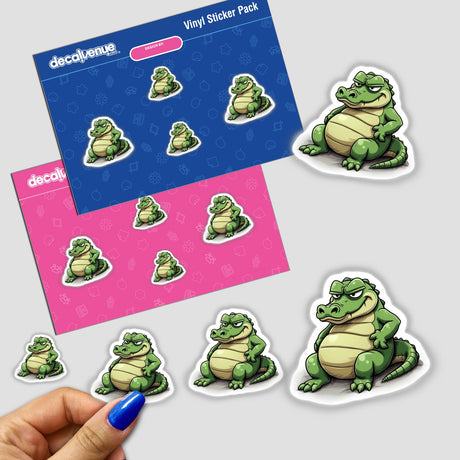 Grumpy Sitting Cartoon Crocodile sticker held by a hand, featuring multiple cartoon crocodiles in a sticker pack.