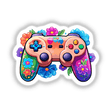 Colorful Gamer: Rainbow Floral Splash Controller Sticker featuring a video game controller adorned with vibrant flowers, available as stickers or digital artwork.