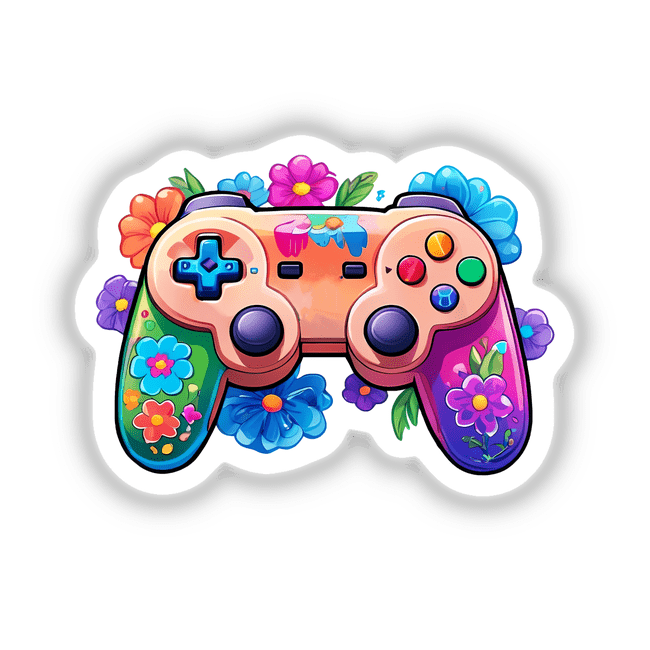 Colorful Gamer: Rainbow Floral Splash Controller Sticker featuring a video game controller adorned with vibrant flowers, available as stickers or digital artwork.