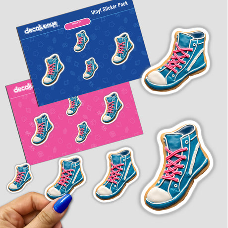 Shoe Shaped Cookie with Pink Laces and Blue Trim displayed among other shoe-themed stickers.