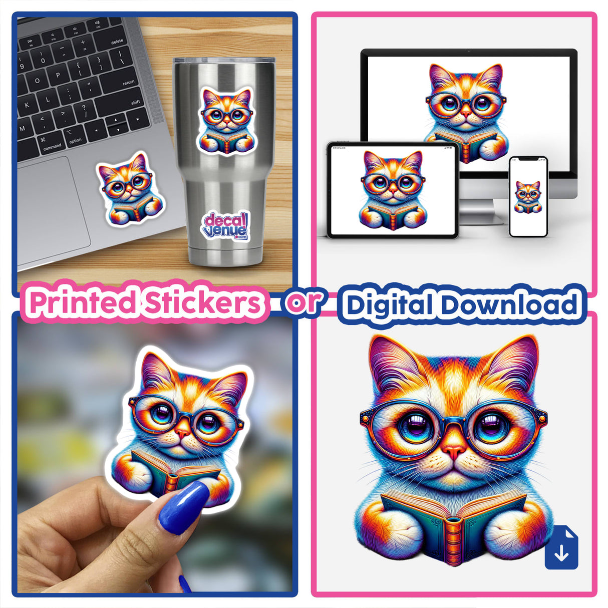 Cat With Reading Glasses Open Book sticker collage, featuring a cartoon cat reading a book on various surfaces like laptops, cups, and phones, available as stickers or digital artwork.